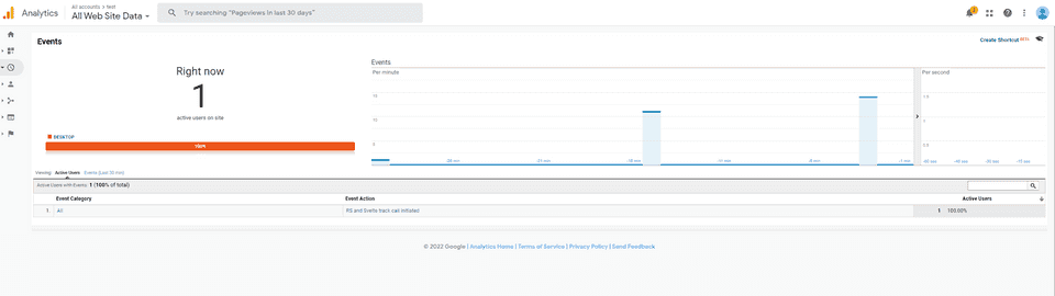 Google Analytics live events tab