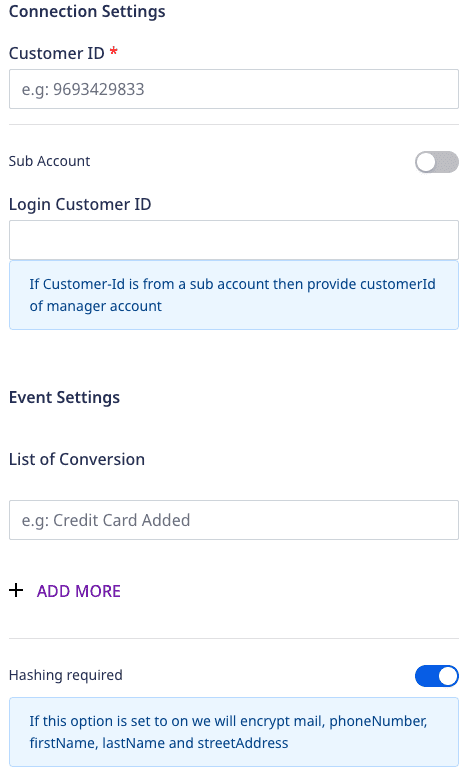 Google Ads Enhanced Conversions connection settings